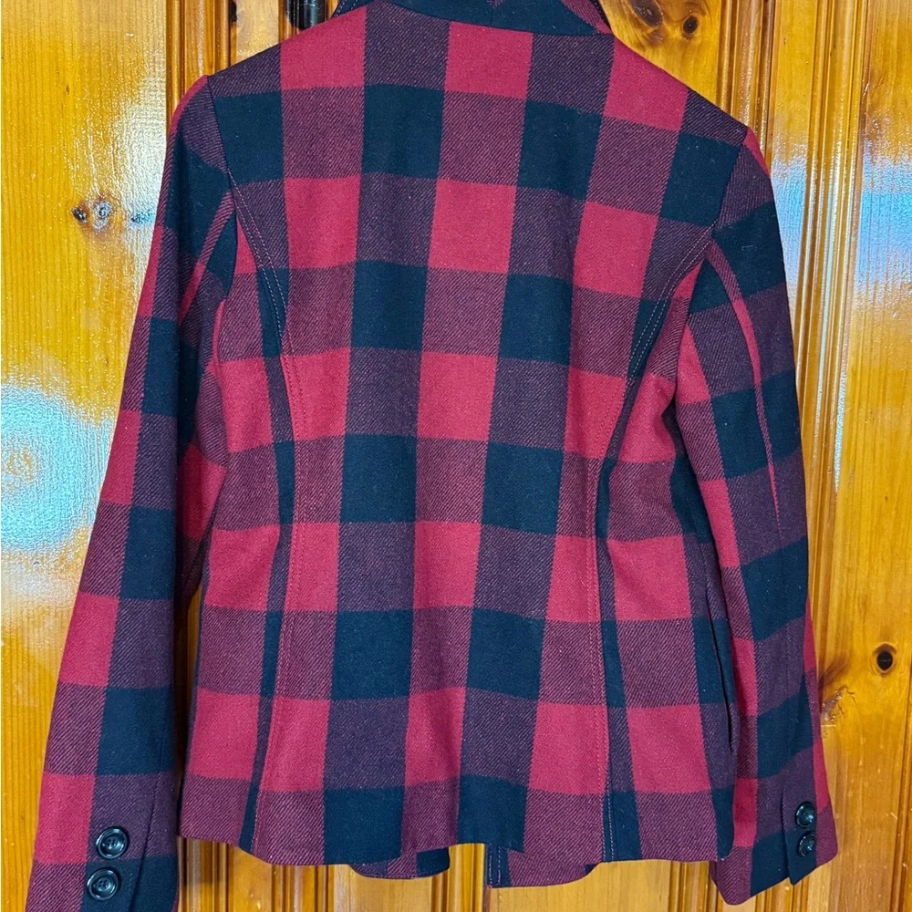 GAP Women's Checkered Pea Coat in Red and Black - Picture 9 of 12